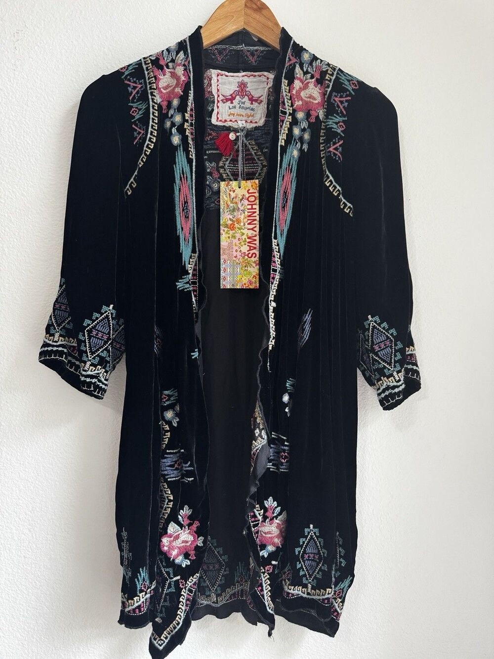NEW Johnny Was Black Aviva Velvet Long Kimono Duster Wrap Jacket Embroidered NWT